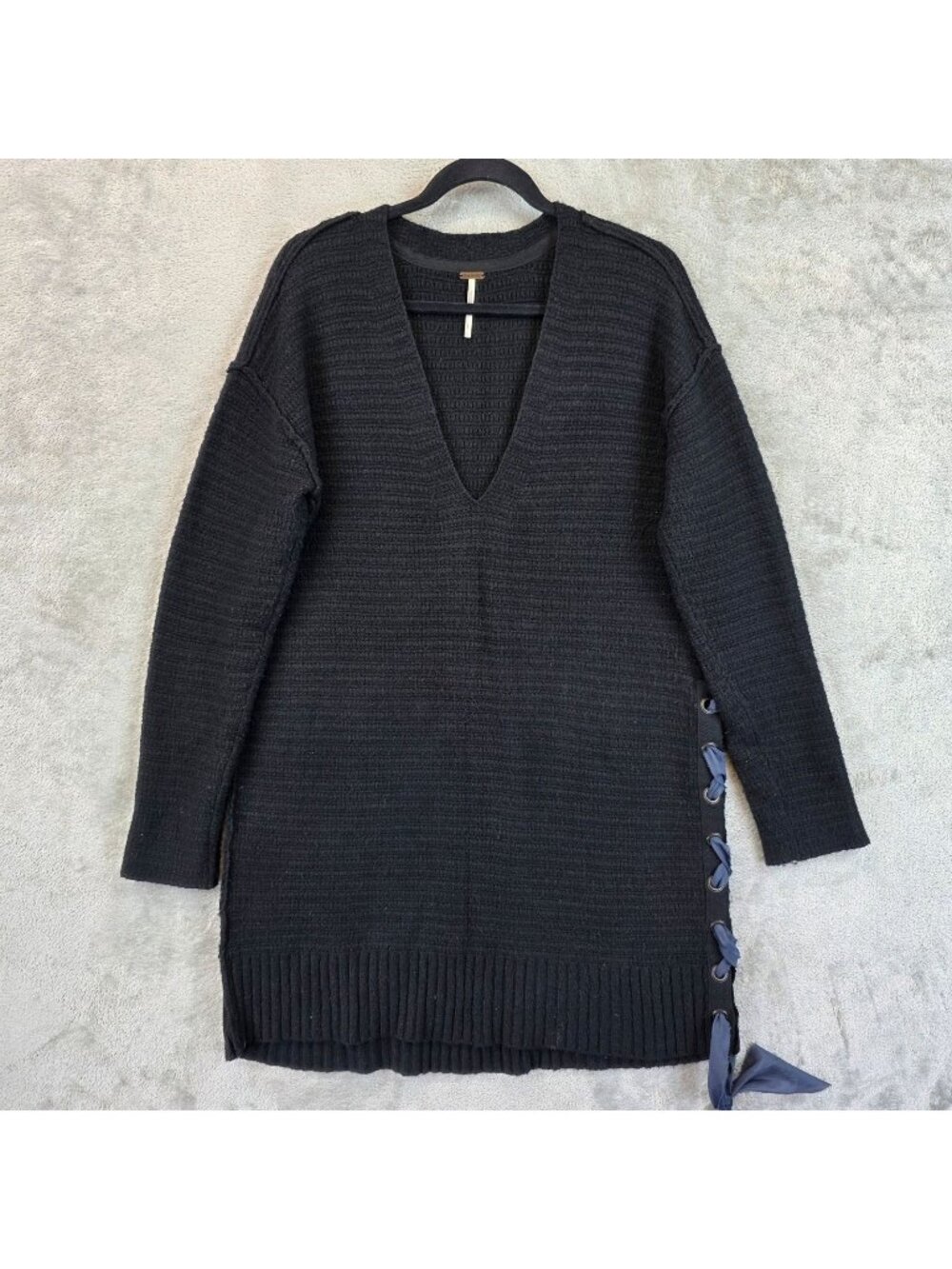 Free People Sweater Tunic Womens S Black Knit Deep V Neck Lace Up Side Hem